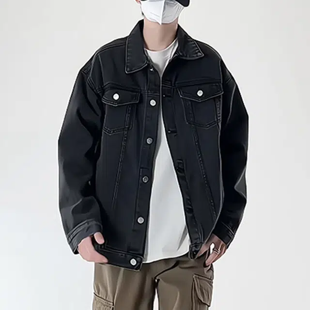 冈哉 纯色立体剪裁工装大口袋水洗做旧设计美式复古简约开始宽松休闲百搭港风牛仔外套 男女同款