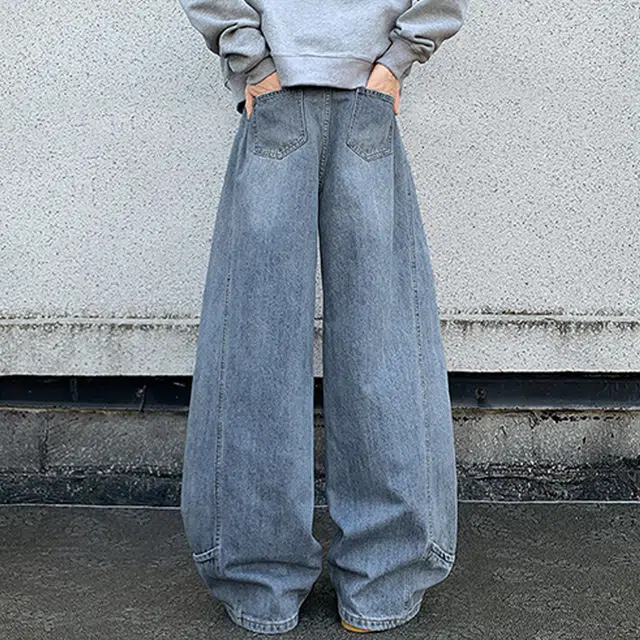 冈哉 美式复古纯色做旧褶皱拼接弯刀设计时尚高街垂感宽松百搭高级感潮牌舒适阔腿裤牛仔裤 男女同款