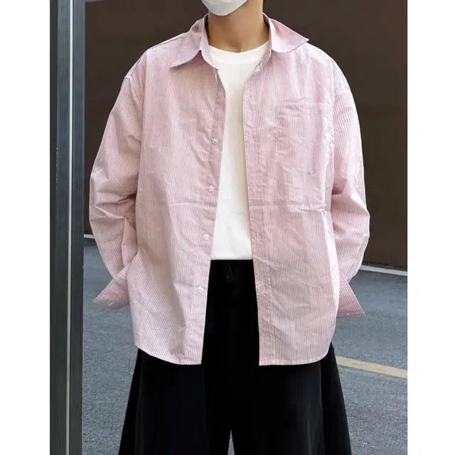 冈哉 美式潮流粉色竖条纹文艺衬衣翻领落肩袖单排扣设计简约舒适透气休闲百搭无性别主义长袖衬衫 男女同款