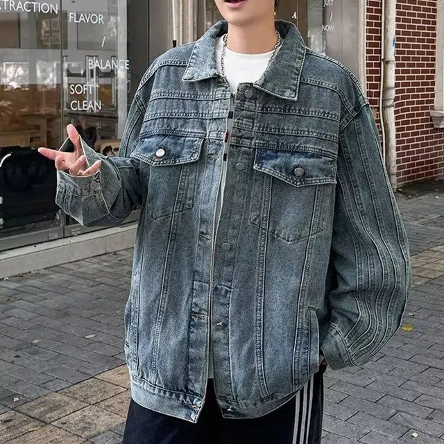 冈哉 解构拼接水洗做旧廓形垫肩上衣美式复古宽松休闲重磅潮牌潮流时尚百搭夹克牛仔外套 男女同款