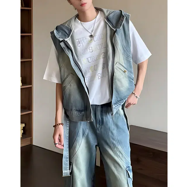 冈哉 美式复古水洗做旧连帽马甲小众设计感休闲透气百搭拉链无袖牛仔外套 男女同款