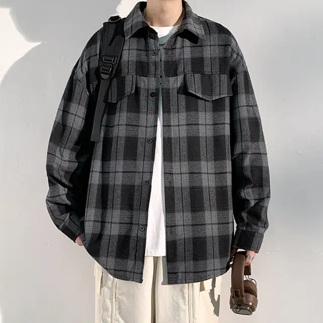 冈哉 港风复古格子双口袋拼接翻领单排扣设计美式潮流宽松松弛感衬衣外套外穿内搭叠穿休闲通勤长袖衬衫 男女同款