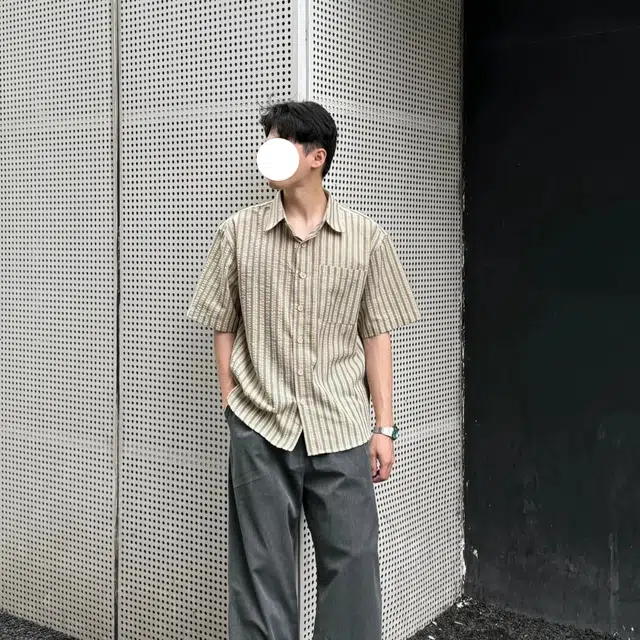 冈哉 日系复古撞色条纹设计翻领休闲个性简约潮流时尚宽松日常通勤百搭潮牌短袖衬衫 男女同款