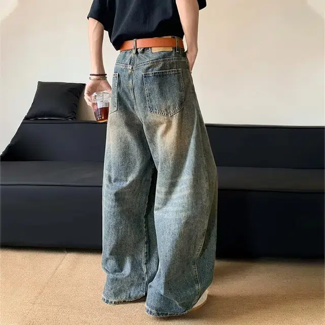 冈哉 美式复古做旧弯刀宽松阔腿设计时尚潮流无性别主义日常通勤户外百搭牛仔裤 男女同款