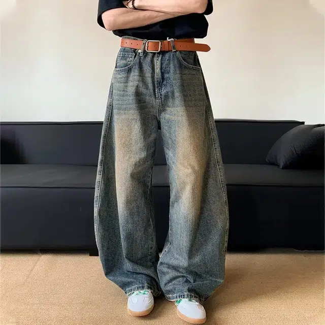 冈哉 美式复古做旧弯刀宽松阔腿设计时尚潮流无性别主义日常通勤户外百搭牛仔裤 男女同款