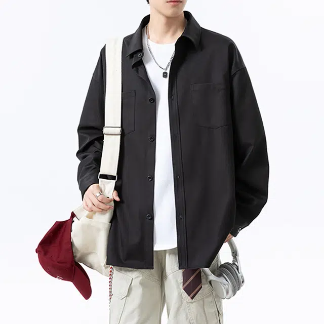 冈哉 纯色简约基础款双口袋拼接美式学院风重磅高级感翻领宽松休闲百搭长袖衬衫 男女同款