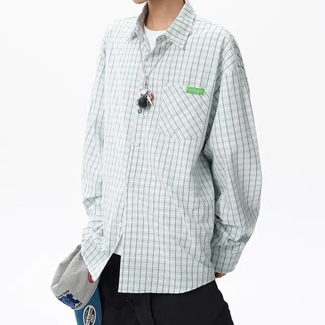 冈哉 泡泡纱条纹格子衬衣美式复古时尚潮流宽松休闲百搭日常穿搭慵懒松弛感简约长袖衬衫 男女同款
