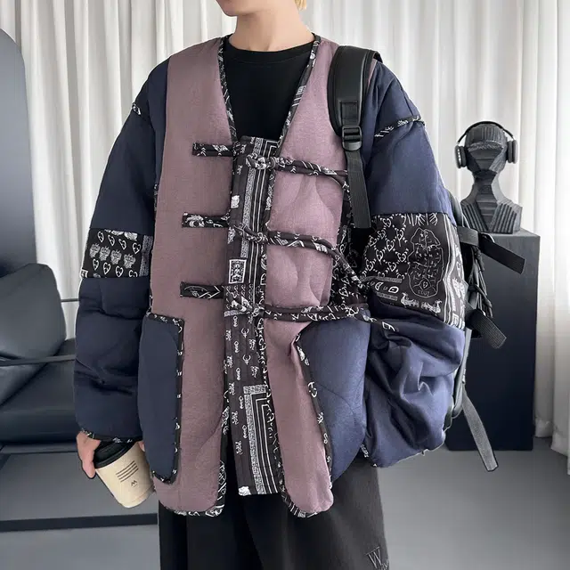 冈哉 撞色老花拼接盘扣开衫设计中国风新中式时尚潮牌无性别主义潮流休闲舒适棉衣 男女同款