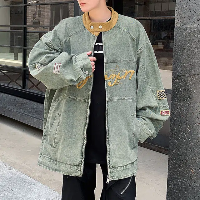 冈哉 解构拼接字母图案刺绣个性设计美式复古水洗做旧高街痞帅时尚百搭日常通勤慵懒休闲牛仔外套 男女同款