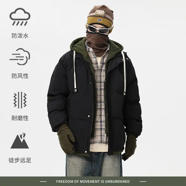 冈哉  美式情侣休闲假两件连帽保暖棉衣面包服外套拉链宽松个性百搭简约舒适潮流潮酷户外日常通勤棉服 男女同款
