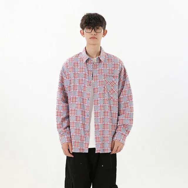 冈哉 美式复古基础款长袖大格子补丁流苏设计翻领叠穿潮搭垂感痞帅宽松少年感舒适打底内搭外穿衬衫 男女同款