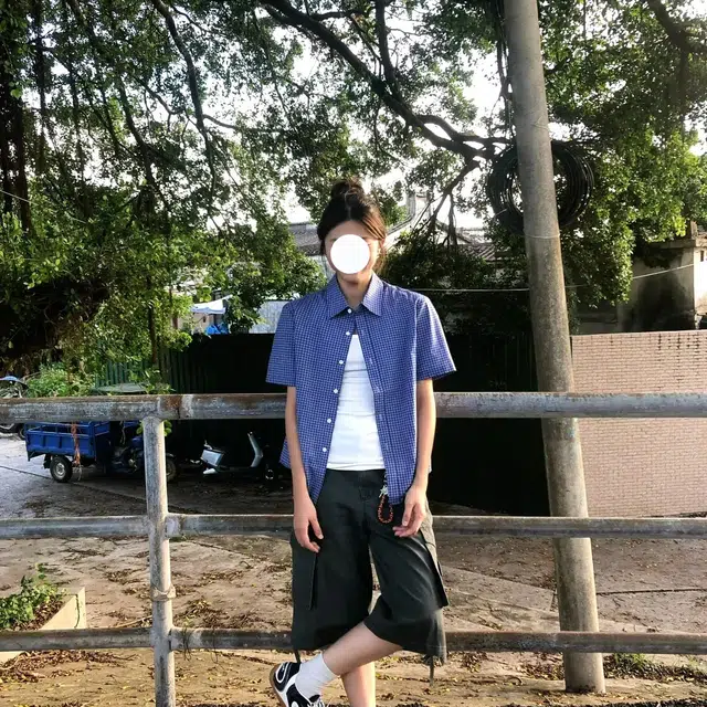 冈哉 日系潮流个性口袋垂感凉感透气时尚格纹简约舒适基础款痞帅衬衣慵懒感外套短袖上衣宽松翻领纽扣衬衫 男女同款