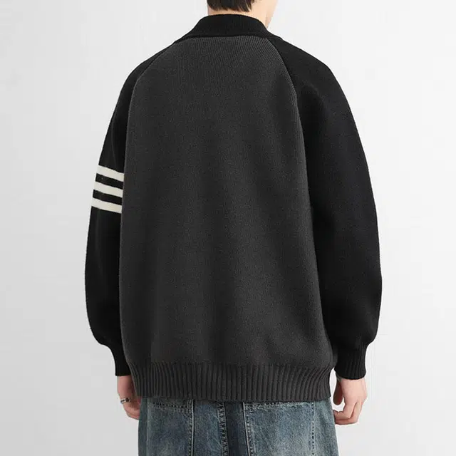 冈哉 三条杠拼接撞色开衫美式复古条纹学院风金属拉链宽松休闲百搭户外运动通勤垂感舒适立领针织衫 男女同款