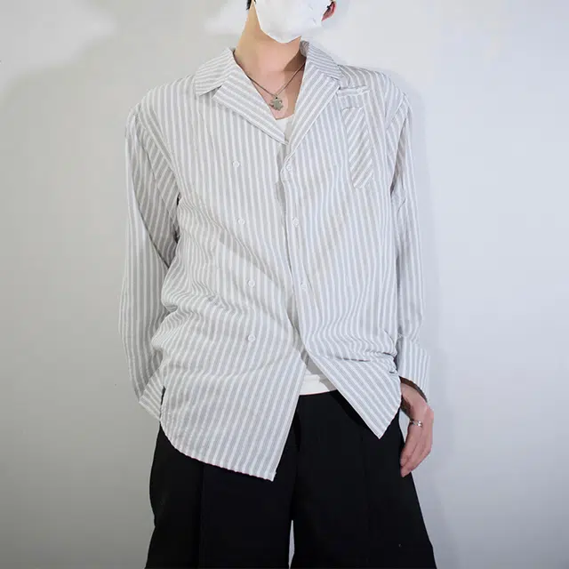 冈哉 美式潮流个性双排扣垂感凉感透气时尚竖条纹简约舒适基础款痞帅衬衣慵懒感外套长袖上衣宽松翻领纽扣衬衫  男女同款
