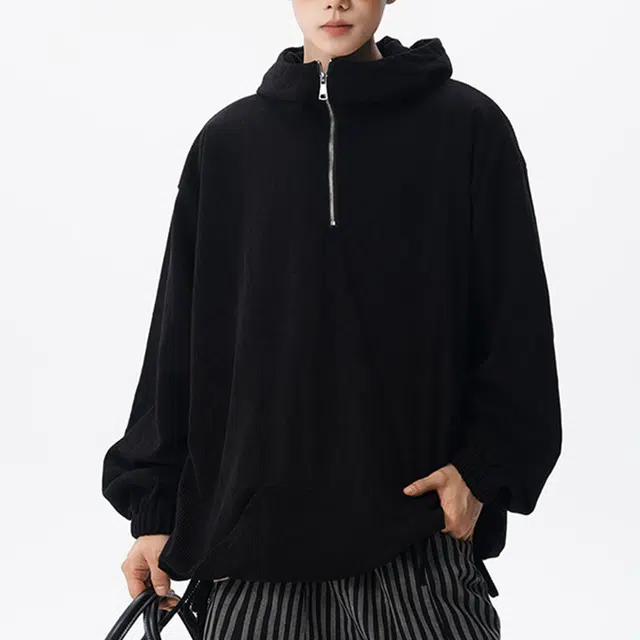冈哉 灯芯绒纹理连帽半拉链设计美式复古慵懒高级感重磅宽松百搭休闲套头上衣外套卫衣 男女同款