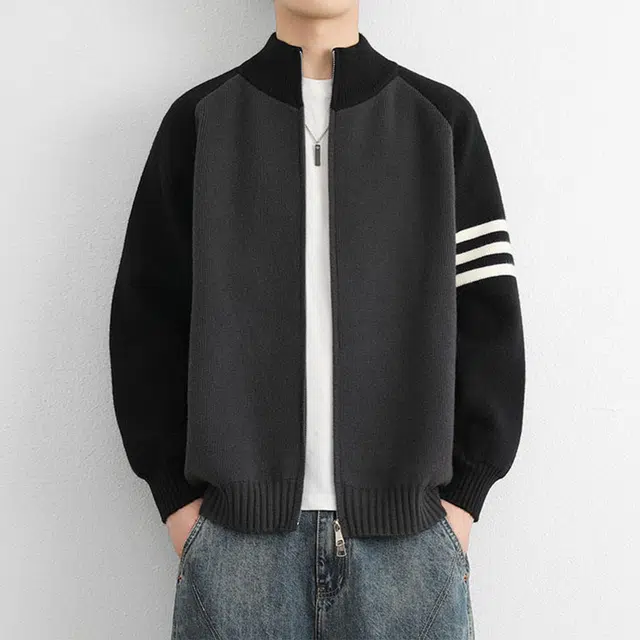 冈哉 三条杠拼接撞色开衫美式复古条纹学院风金属拉链宽松休闲百搭户外运动通勤垂感舒适立领针织衫 男女同款