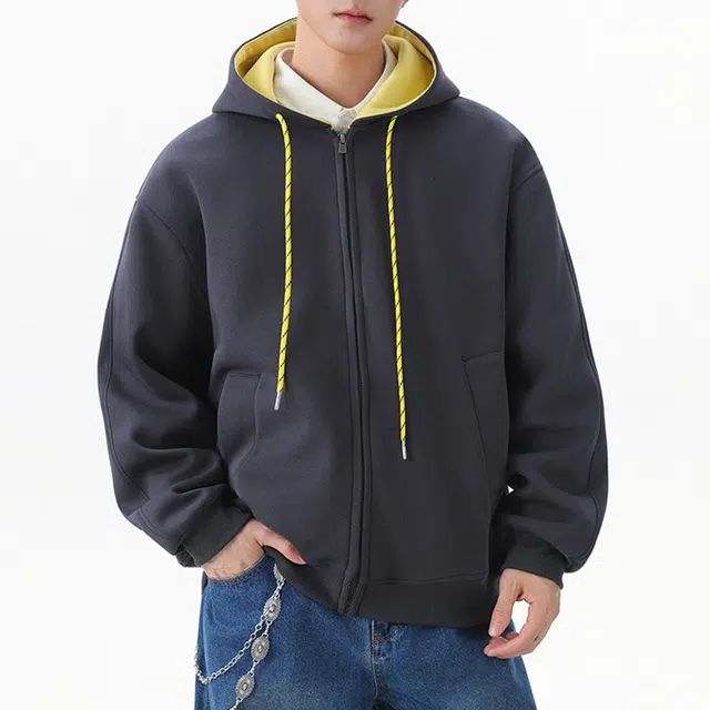 冈哉 美式学院风撞色拼接双色彩绳重磅连帽开衫小众基础款立体剪裁落肩宽松休闲百搭卫衣 男女同款