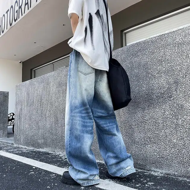 冈哉 美式高街复古个性水洗做旧磨破渐变设计穿搭百搭基础款显高显瘦休闲潮流潮牌垂感弯刀嘻哈街头痞帅牛仔裤 男女同款