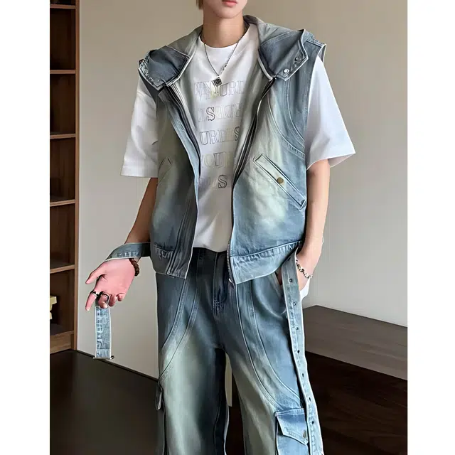 冈哉 美式复古水洗做旧连帽马甲小众设计感休闲透气百搭拉链无袖牛仔外套 男女同款