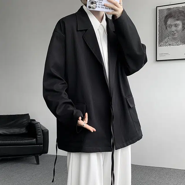 冈哉 新中式小众道袍披风纯色设计简约个性独特常经典基础款时尚百搭松弛慵懒风大口袋翻领系带西装外套 男女同款