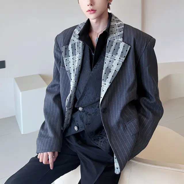 冈哉 美式蕾丝植绒复合领口拼接格纹休闲西服夹克外套春秋季纽扣宽松个性百搭舒适高街潮流日常通勤西装 男女同款