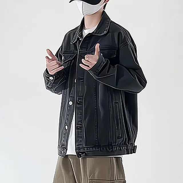 冈哉 纯色立体剪裁工装大口袋水洗做旧设计美式复古简约开始宽松休闲百搭港风牛仔外套 男女同款