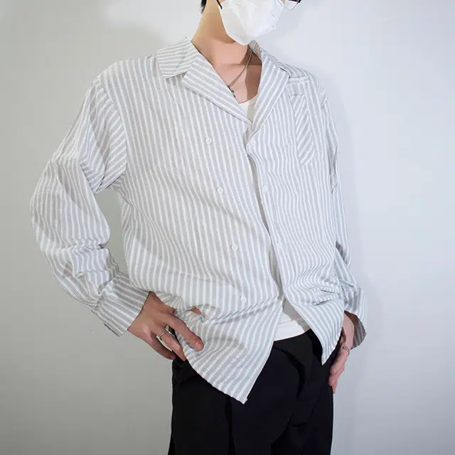 冈哉 美式潮流个性双排扣垂感凉感透气时尚竖条纹简约舒适基础款痞帅衬衣慵懒感外套长袖上衣宽松翻领纽扣衬衫  男女同款