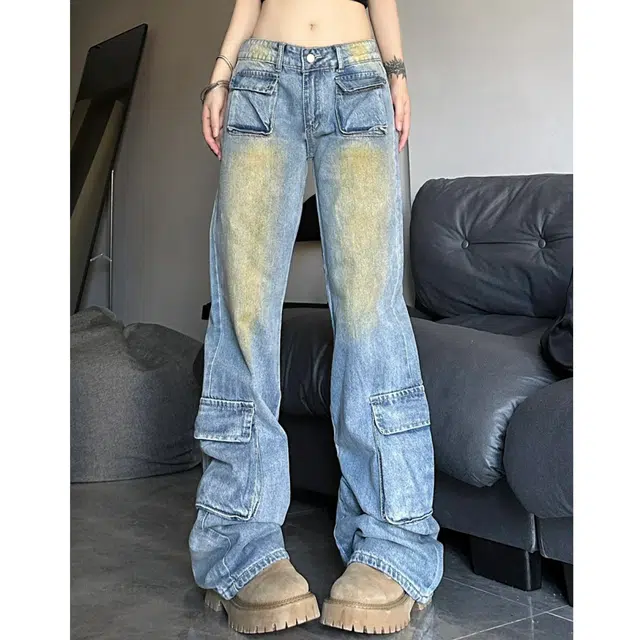 冈哉 美式复古多口袋褶皱拼接设计水洗做旧户外伞兵工装裤宽松舒适百搭个性痞帅直筒阔腿裤拖地弯刀牛仔裤 男女同款