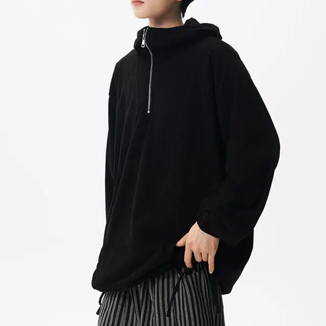 冈哉 灯芯绒纹理连帽半拉链设计美式复古慵懒高级感重磅宽松百搭休闲套头上衣外套卫衣 男女同款