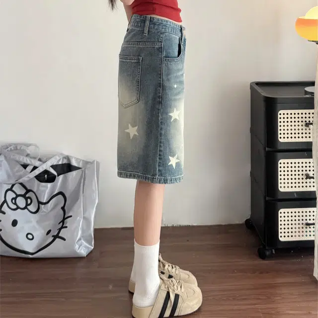 冈哉 美式复古星星印花水洗做旧高腰设计宽松直筒时尚潮流休闲百搭日常通勤舒适牛仔短裤 男女同款