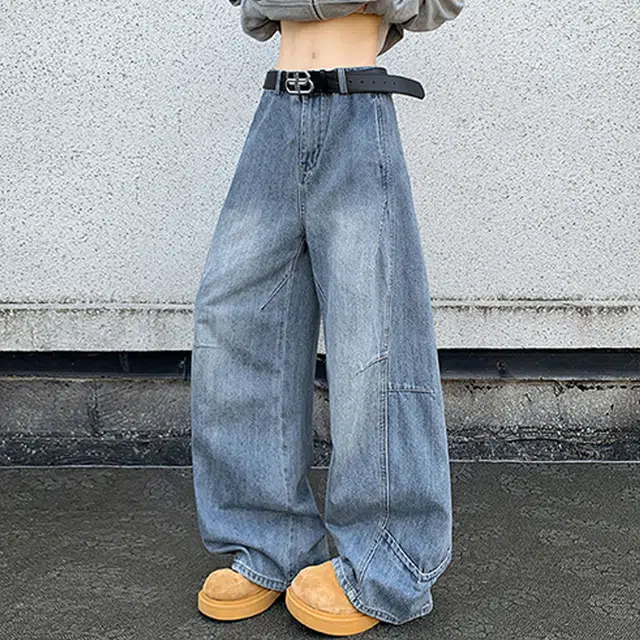 冈哉 美式复古纯色做旧褶皱拼接弯刀设计时尚高街垂感宽松百搭高级感潮牌舒适阔腿裤牛仔裤 男女同款