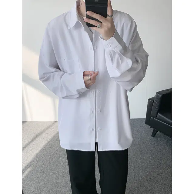 冈哉 日系经典纯色长袖单排扣翻领简约基础款百搭宽松少年感叠穿潮搭垂感痞帅舒适打底内搭外穿春秋款衬衫  男女同款