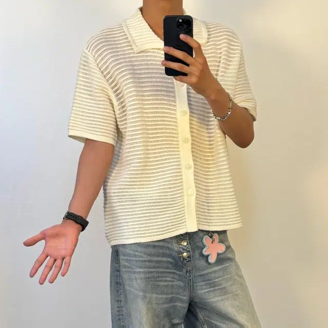 冈哉 老钱风纯色肌理镂空条纹翻领针织设计松弛慵懒感宽松休闲百搭透气垂感潮流痞帅短袖衬衫 男女同款