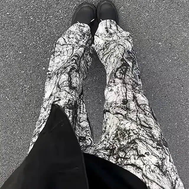 冈哉 美式潮流复古嘻哈满印水墨画宽松百搭高街设计感经典简约无性别主义垂感迷彩日常通勤工装裤牛仔休闲裤 男女同款
