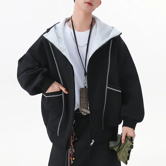 冈哉 反缝线解构拼接立领开衫设计美式潮牌嘻哈高街基础机能风百搭宽松休闲时尚卫衣 男女同款