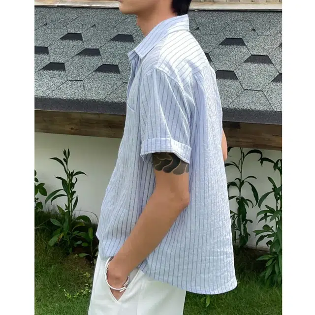 冈哉 美式潮流个性条纹拼接时尚简约舒适基础款痞帅衬衣慵懒风外套上衣宽松翻领短袖衬衫 男女同款