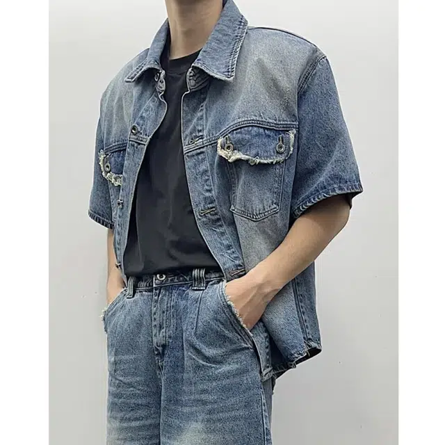 冈哉 美式复古水洗做旧毛边流苏牛仔衬衣高街痞帅宽松休闲翻领工装短袖衬衫 男女同款