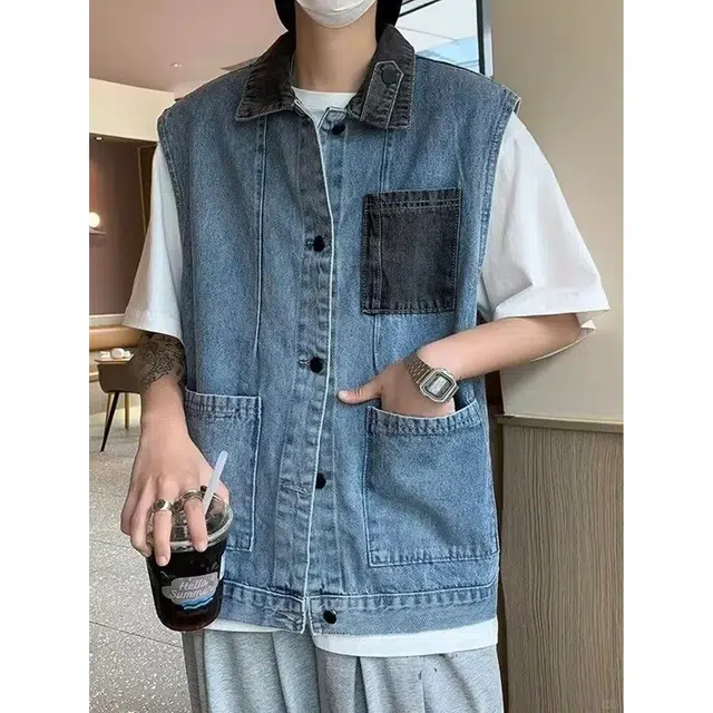冈哉 美式复古高街水洗做旧撞色口袋领口多设计嘻哈街头风无袖外套潮流百搭宽松大马甲 男女同款