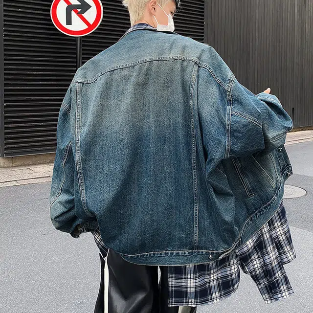 冈哉 美式复古格子不规则拼接假两件小众设计感痞帅潮流慵懒通勤日常户外宽松夹克牛仔外套 男女同款