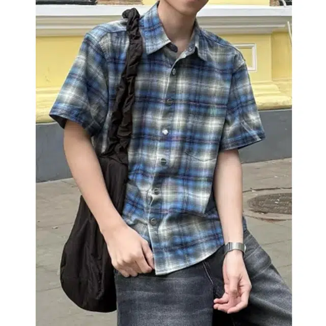 冈哉 美式复古格子撞色设计高级感慵懒松弛街头潮牌个性宽松百搭休闲夏季短袖衬衫 男女同款