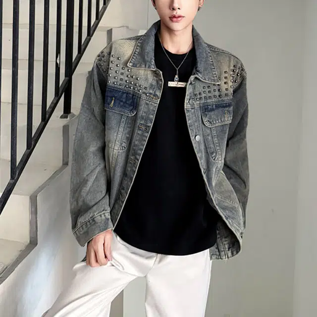 冈哉  重工铆钉美式复古街头水洗中性风单排扣高街潮牌风格翻领夹克工艺廓形慵懒范日常通勤柔软舒适亲肤牛仔外套 男女同款