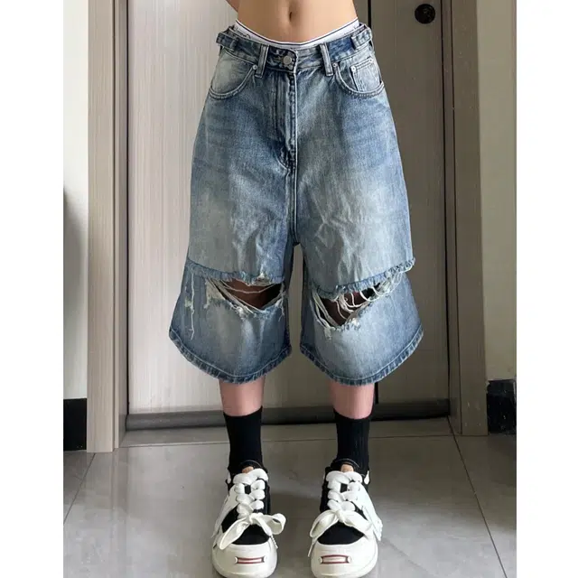 冈哉 美式复古水洗做旧破洞流苏直筒设计街头潮流时尚百搭休闲帅气宽松透气七分裤牛仔短裤 男女同款