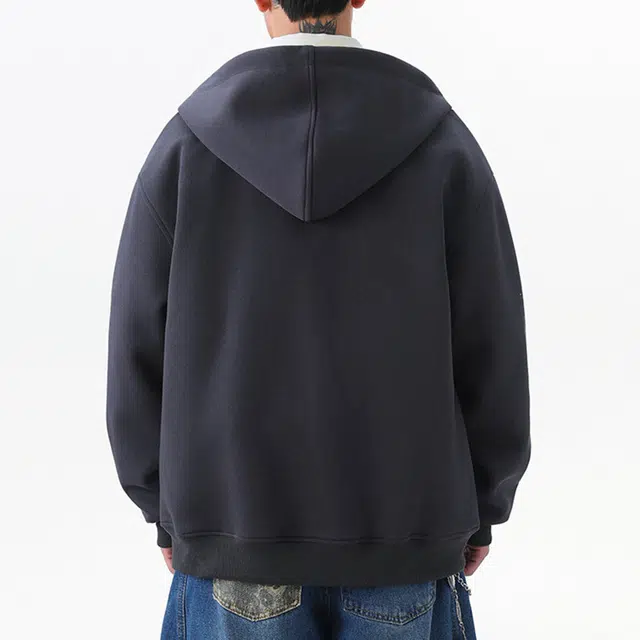 冈哉 美式学院风撞色拼接双色彩绳重磅连帽开衫小众基础款立体剪裁落肩宽松休闲百搭卫衣 男女同款