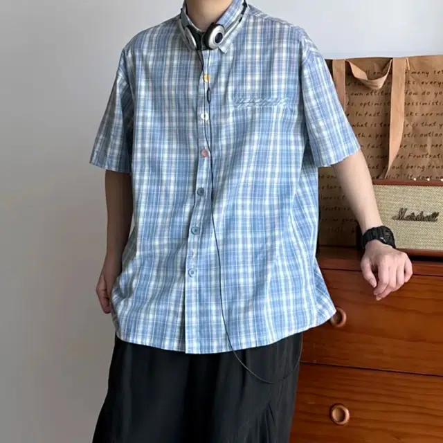 冈哉 美式复古格子拼接彩色纽扣设计简约小众格纹基础百搭通勤休闲宽松短袖衬衫 男女同款