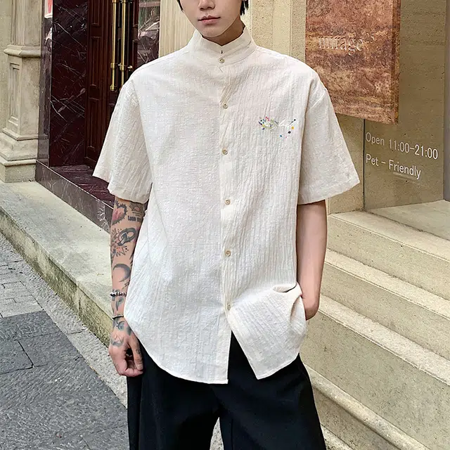 冈哉 新中式印花短袖潮流个性口袋垂感凉感清爽透气时尚纯色简约舒适基础款痞帅衬衣慵懒感外套长袖上衣宽松立领纽扣衬衫 男女同款