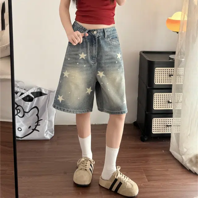 冈哉 美式复古星星印花水洗做旧高腰设计宽松直筒时尚潮流休闲百搭日常通勤舒适牛仔短裤 男女同款
