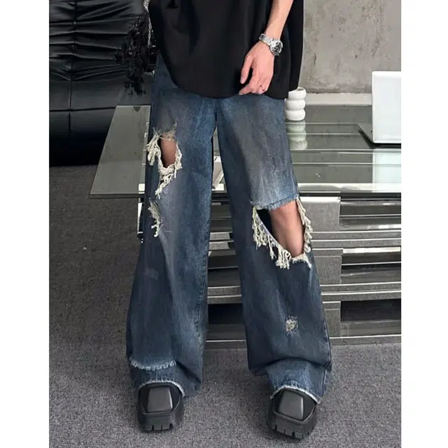 冈哉 美式潮牌乞丐破洞做旧小众设计时尚潮流复古宽松休闲直筒阔腿裤拖地长裤日常通勤百搭牛仔裤 男女同款