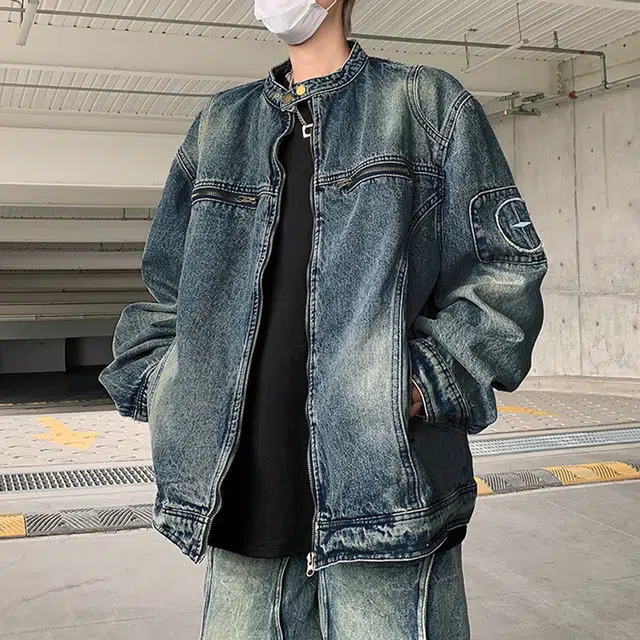 冈哉 美式复古做旧长袖徽章解构拼接立领工装设计痞帅潮流宽松休闲百搭夹克牛仔外套 男女同款