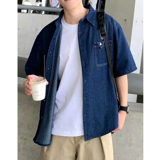 冈哉 美式复古翻领盘扣牛仔衬衣纯色基础款拼接口袋工装设计水洗做旧五分袖时尚潮流舒适柔软宽松百搭短袖衬衫 男女同款