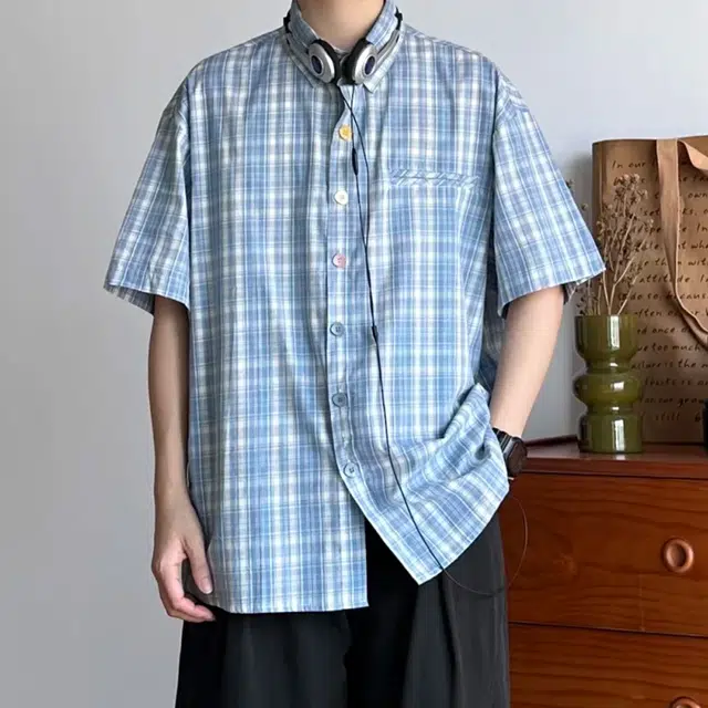 冈哉 美式复古格子拼接彩色纽扣设计简约小众格纹基础百搭通勤休闲宽松短袖衬衫 男女同款